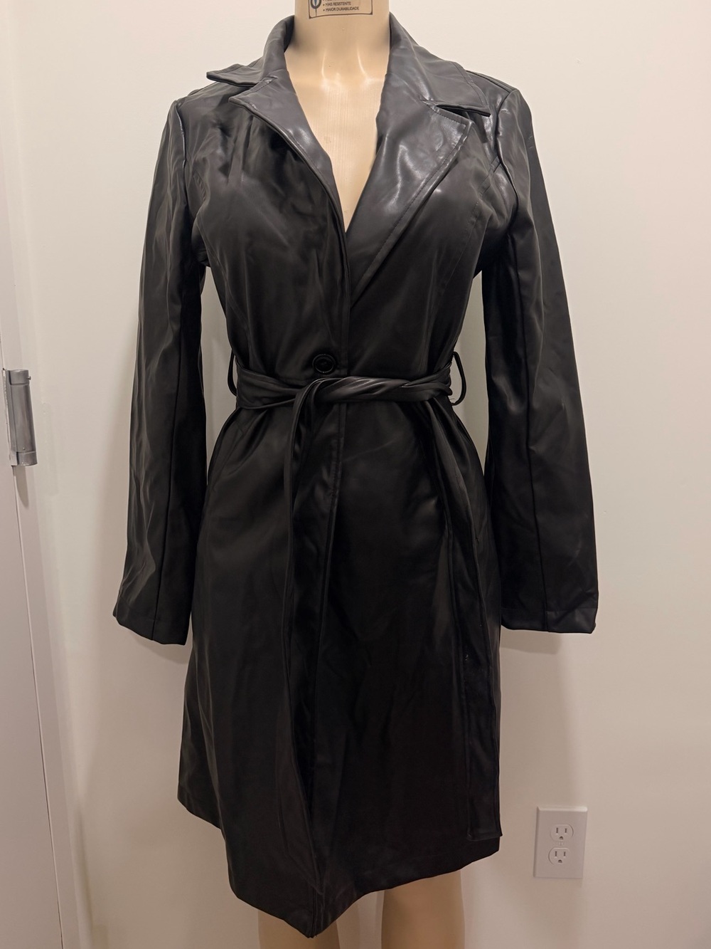 Women’s Black Faux Leather Belted Long Trench Coat Size Small